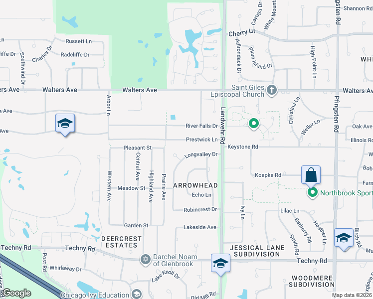 map of restaurants, bars, coffee shops, grocery stores, and more near 1649 Longvalley Drive in Northbrook