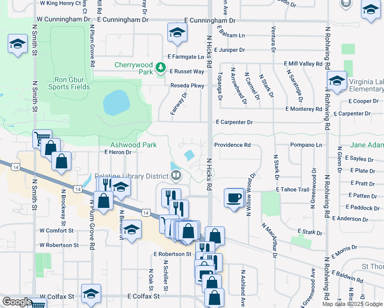 map of restaurants, bars, coffee shops, grocery stores, and more near 367 East Rimini Court in Palatine