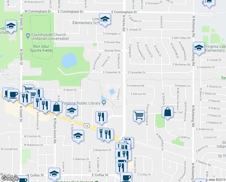 map of restaurants, bars, coffee shops, grocery stores, and more near 367 East Rimini Court in Palatine