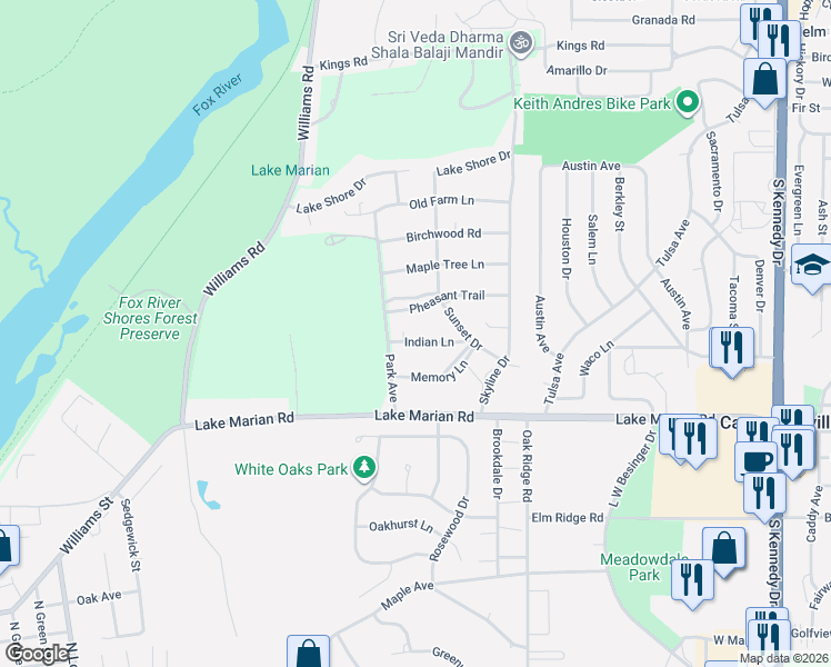 map of restaurants, bars, coffee shops, grocery stores, and more near 117 Indian Lane in Carpentersville
