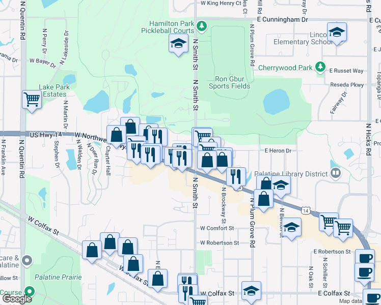 map of restaurants, bars, coffee shops, grocery stores, and more near 223 Lynn Drive in Palatine