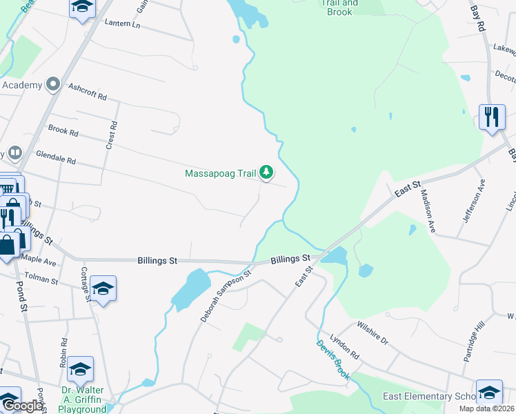 map of restaurants, bars, coffee shops, grocery stores, and more near 5 Robs Lane in Sharon