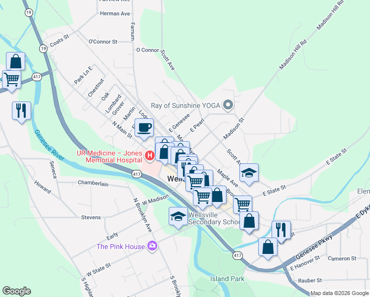 map of restaurants, bars, coffee shops, grocery stores, and more near 44 Jefferson in Wellsville