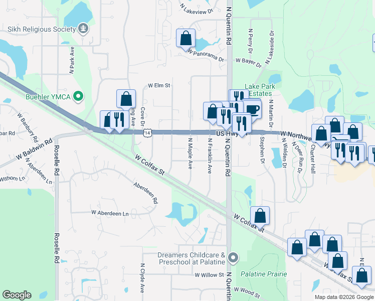 map of restaurants, bars, coffee shops, grocery stores, and more near 682 North Maple Avenue in Palatine