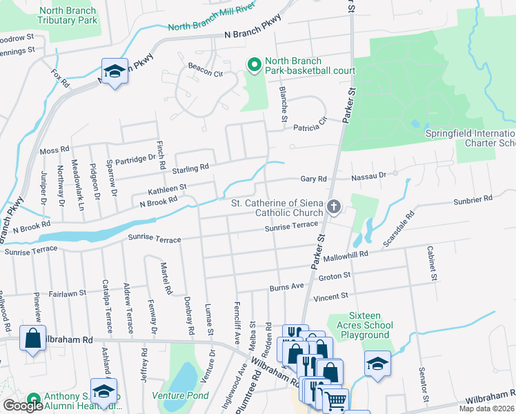 map of restaurants, bars, coffee shops, grocery stores, and more near 67 Sunrise Terrace in Springfield