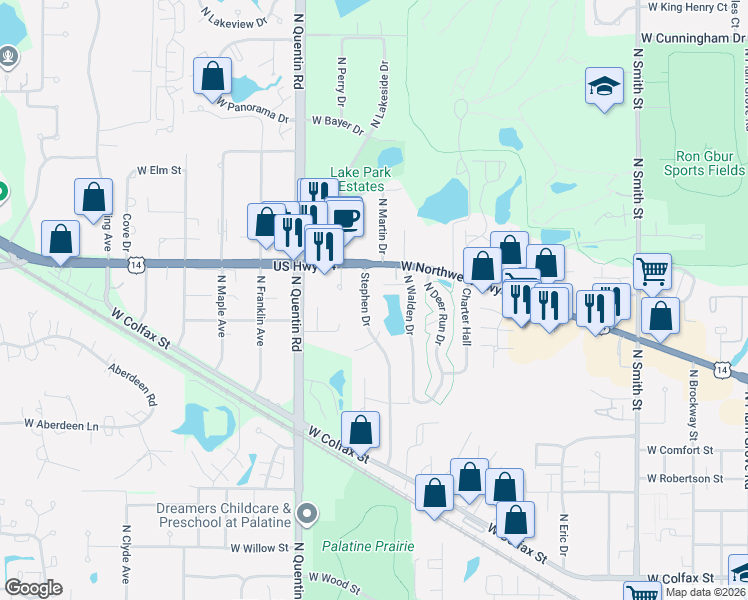 map of restaurants, bars, coffee shops, grocery stores, and more near 696 Stephen Drive in Palatine