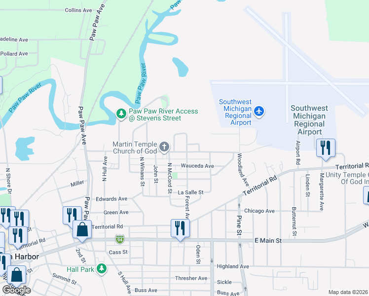 map of restaurants, bars, coffee shops, grocery stores, and more near 824 Waukonda Avenue in Benton Harbor