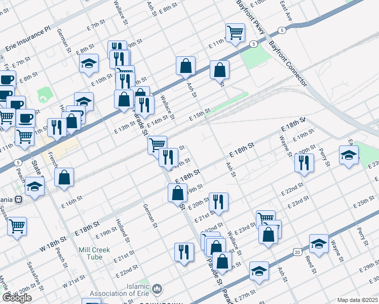 map of restaurants, bars, coffee shops, grocery stores, and more near Sunbury St in Erie