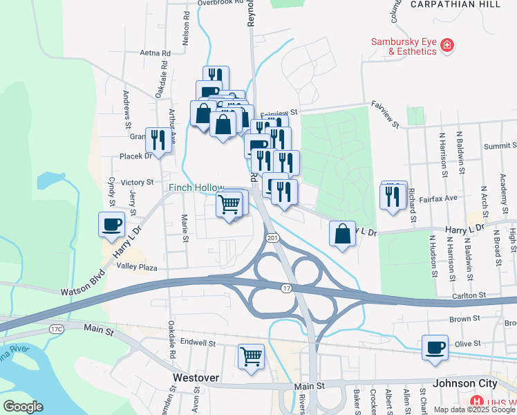 map of restaurants, bars, coffee shops, grocery stores, and more near 1529 New York State Reference Route 991C in Johnson City
