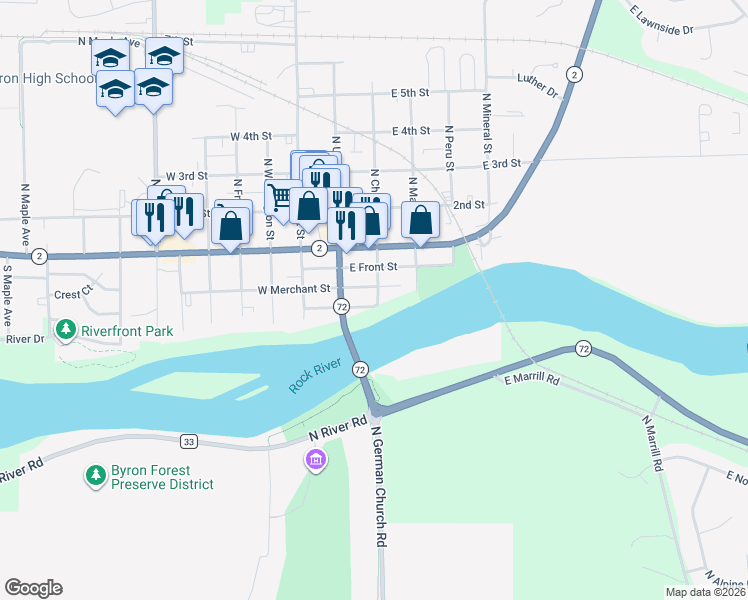 map of restaurants, bars, coffee shops, grocery stores, and more near 108 East Diamond Street in Byron