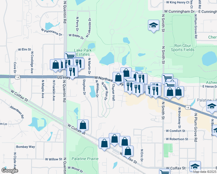 map of restaurants, bars, coffee shops, grocery stores, and more near 818 North Auburn Woods Drive in Palatine