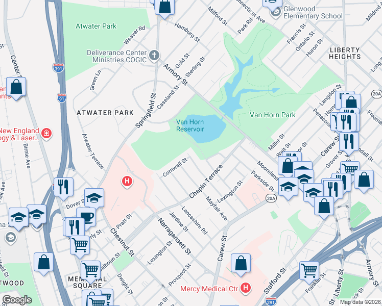 map of restaurants, bars, coffee shops, grocery stores, and more near 179 Knollwood Street in Springfield