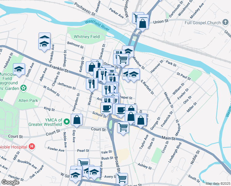 map of restaurants, bars, coffee shops, grocery stores, and more near 146 Route 202 in Westfield