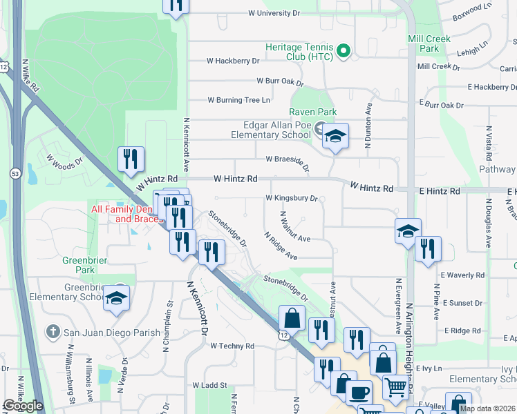 map of restaurants, bars, coffee shops, grocery stores, and more near 610 West Kingsbury Drive in Arlington Heights