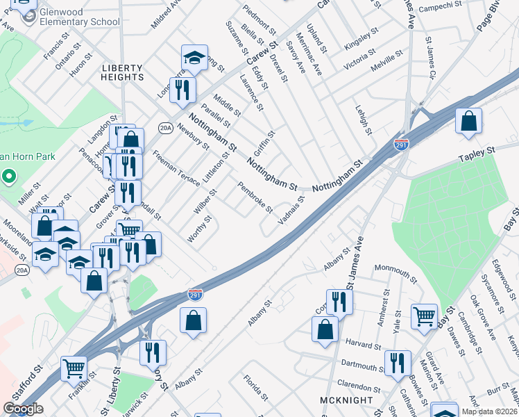 map of restaurants, bars, coffee shops, grocery stores, and more near 59-61 Pembroke Street in Springfield