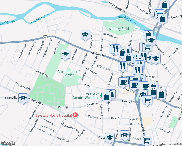map of restaurants, bars, coffee shops, grocery stores, and more near 39 West School Street in Westfield
