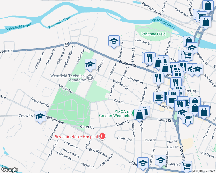 map of restaurants, bars, coffee shops, grocery stores, and more near 23 Allen Avenue in Westfield