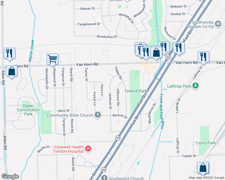 map of restaurants, bars, coffee shops, grocery stores, and more near 4724 Hillcrest Road in Trenton