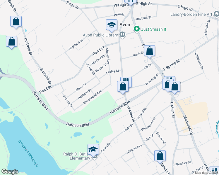 map of restaurants, bars, coffee shops, grocery stores, and more near 86 Malley Avenue in Avon