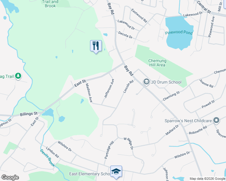 map of restaurants, bars, coffee shops, grocery stores, and more near 9 Jefferson Avenue in Sharon