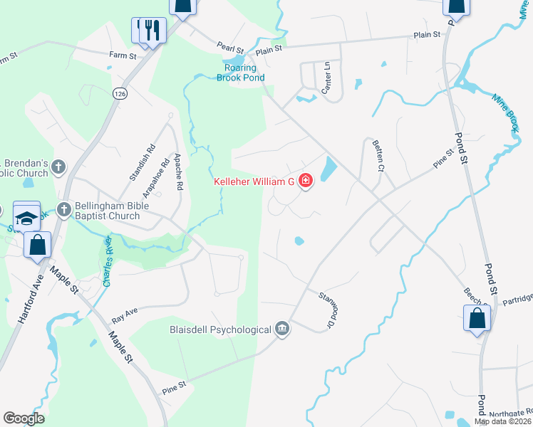map of restaurants, bars, coffee shops, grocery stores, and more near 41-57 Hawthorne Village in Franklin