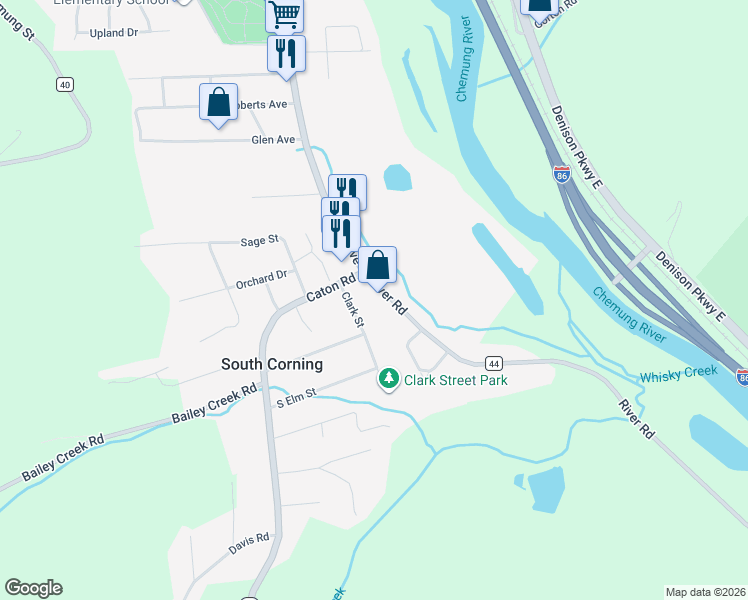 map of restaurants, bars, coffee shops, grocery stores, and more near 9 River Road in South Corning