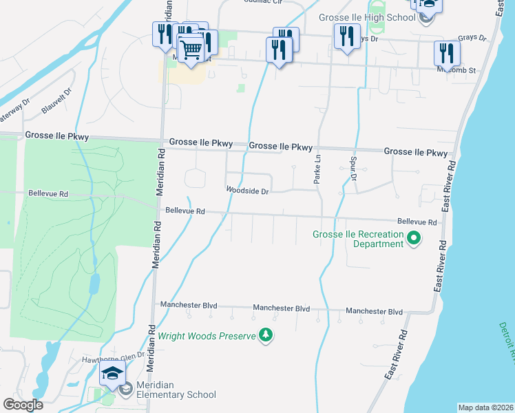 map of restaurants, bars, coffee shops, grocery stores, and more near 8769 Woodside Drive in Grosse Ile Township