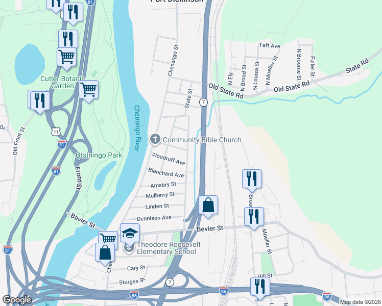 map of restaurants, bars, coffee shops, grocery stores, and more near 671 State St in Binghamton