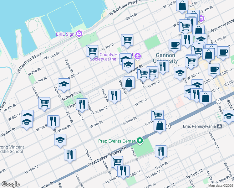 map of restaurants, bars, coffee shops, grocery stores, and more near 529 West 6th Street in Erie