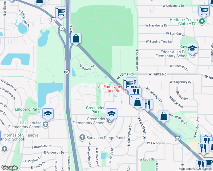 map of restaurants, bars, coffee shops, grocery stores, and more near 2628 East Rand Road in Arlington Heights
