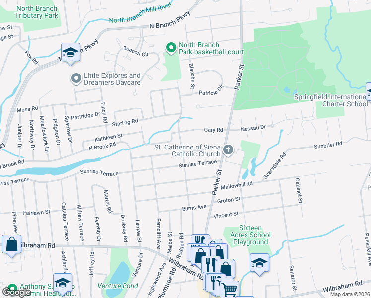 map of restaurants, bars, coffee shops, grocery stores, and more near 156 Bolton Street in Springfield