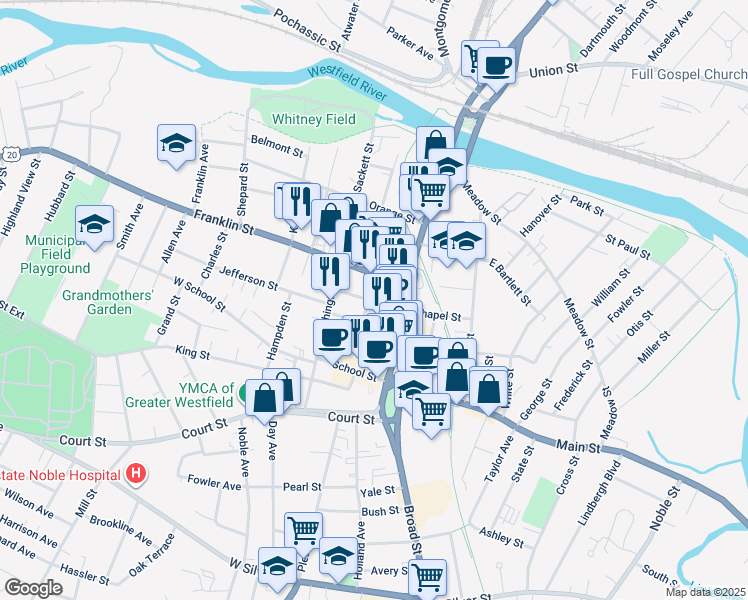 map of restaurants, bars, coffee shops, grocery stores, and more near in Westfield