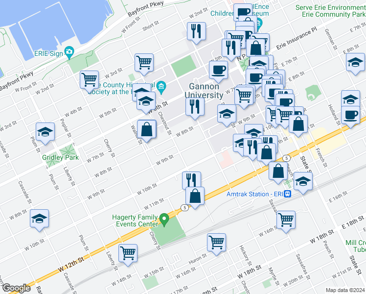 map of restaurants, bars, coffee shops, grocery stores, and more near 331 West 8th Street in Erie
