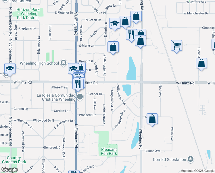 map of restaurants, bars, coffee shops, grocery stores, and more near 532 West Hintz Road in Wheeling