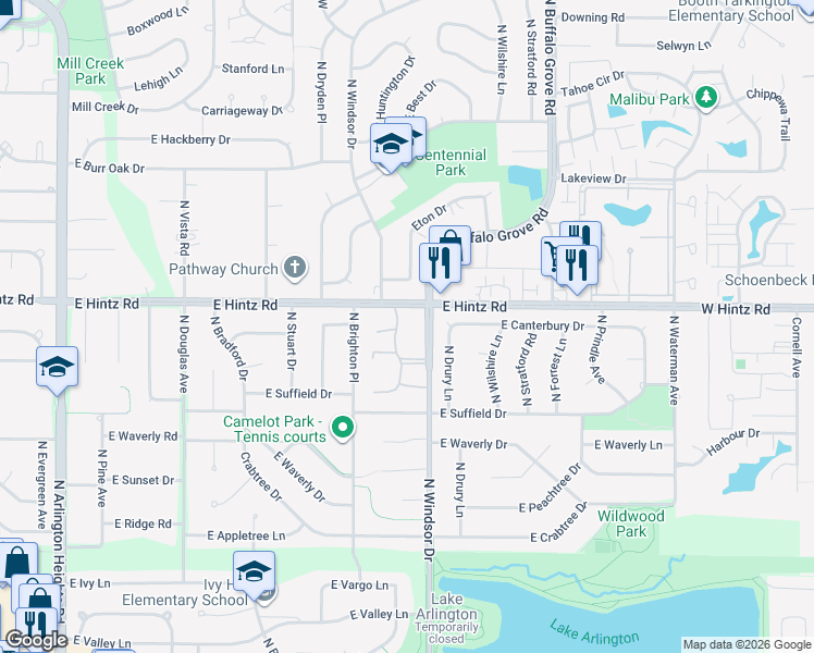 map of restaurants, bars, coffee shops, grocery stores, and more near 2640 North Windsor Drive in Arlington Heights