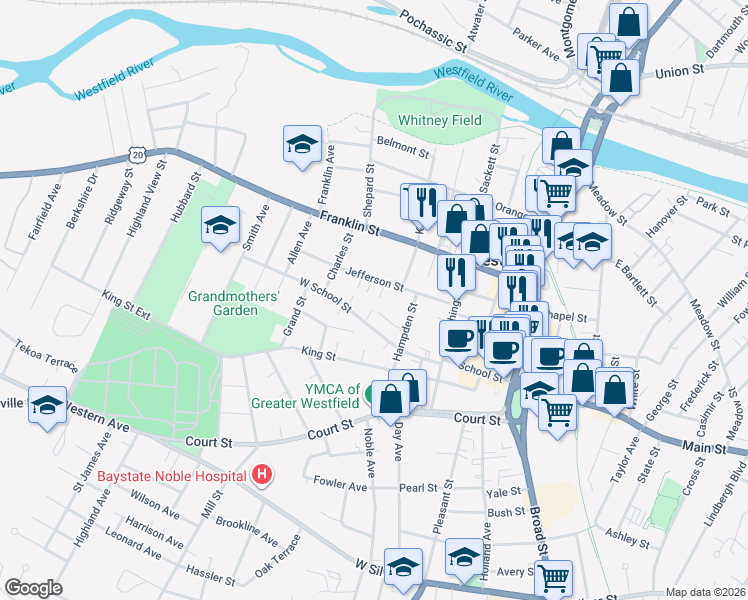 map of restaurants, bars, coffee shops, grocery stores, and more near 39 Jefferson Street in Westfield