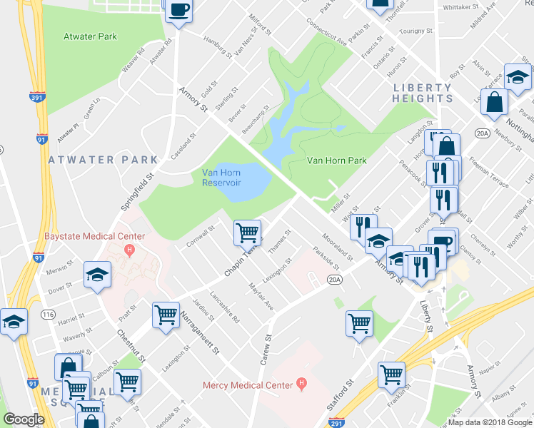 map of restaurants, bars, coffee shops, grocery stores, and more near 15 Colfax Street in Springfield