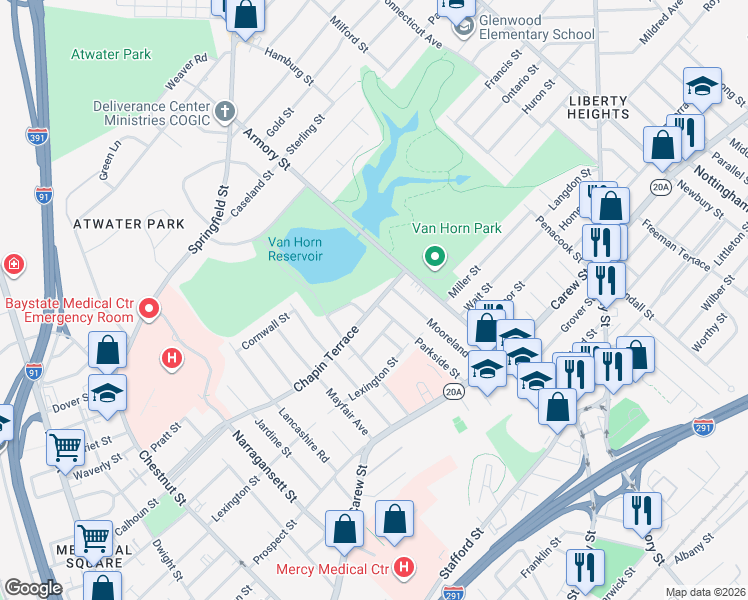 map of restaurants, bars, coffee shops, grocery stores, and more near 318 Chapin Terrace in Springfield