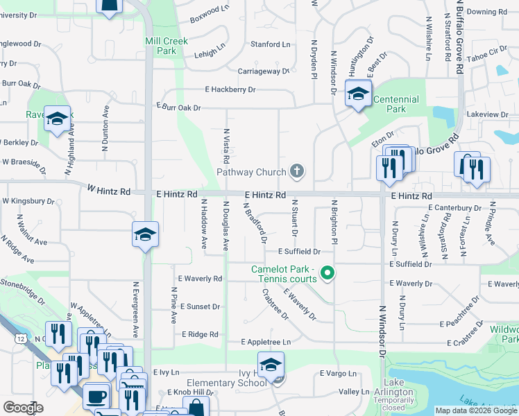 map of restaurants, bars, coffee shops, grocery stores, and more near 715 East Hintz Road in Arlington Heights