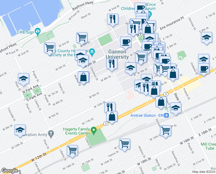 map of restaurants, bars, coffee shops, grocery stores, and more near 342 West 9th Street in Erie