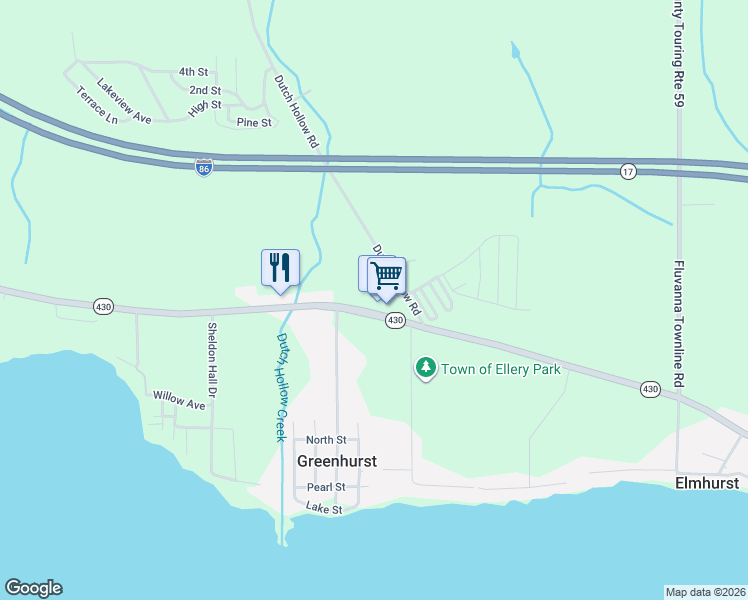 map of restaurants, bars, coffee shops, grocery stores, and more near 3029 Dutch Hollow Road in Bemus Point