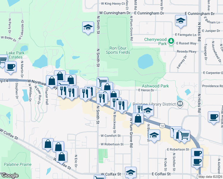 map of restaurants, bars, coffee shops, grocery stores, and more near 157 West Brandon Court in Palatine
