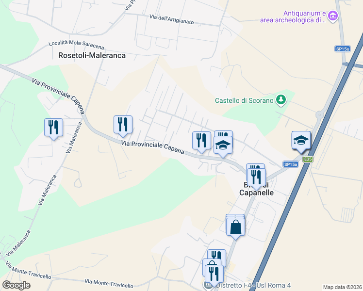 map of restaurants, bars, coffee shops, grocery stores, and more near 43 Via Capena in Bivio di Capanelle