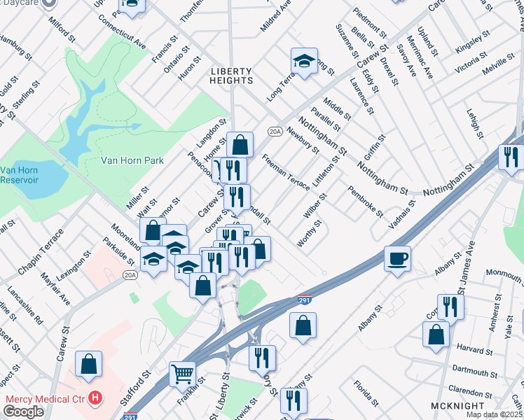 map of restaurants, bars, coffee shops, grocery stores, and more near 98 Phoenix Terrace in Springfield