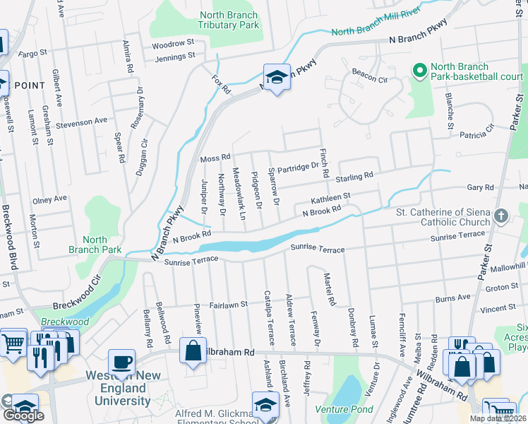 map of restaurants, bars, coffee shops, grocery stores, and more near 45 Pidgeon Drive in Springfield