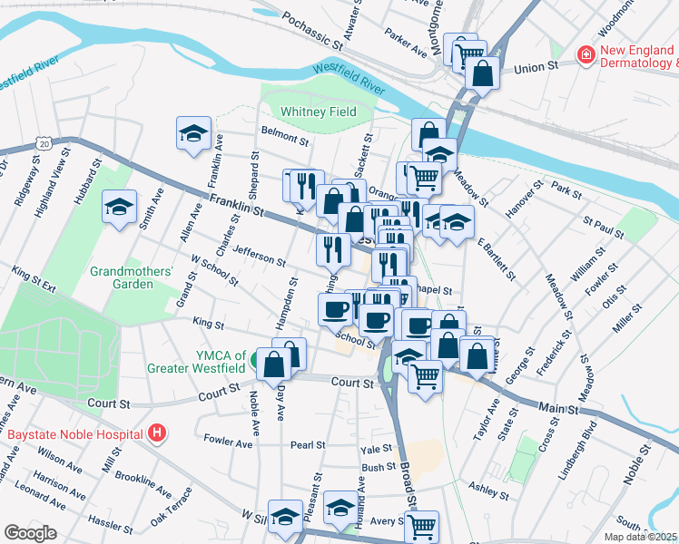 map of restaurants, bars, coffee shops, grocery stores, and more near 62 Washington Street in Westfield