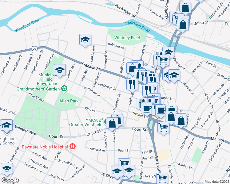 map of restaurants, bars, coffee shops, grocery stores, and more near 39 Jefferson Street in Westfield