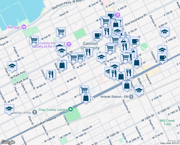 map of restaurants, bars, coffee shops, grocery stores, and more near 824 Myrtle Street in Erie