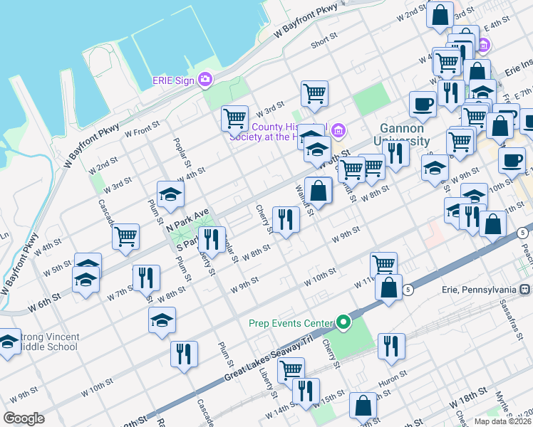 map of restaurants, bars, coffee shops, grocery stores, and more near 603 West 6th Street in Erie
