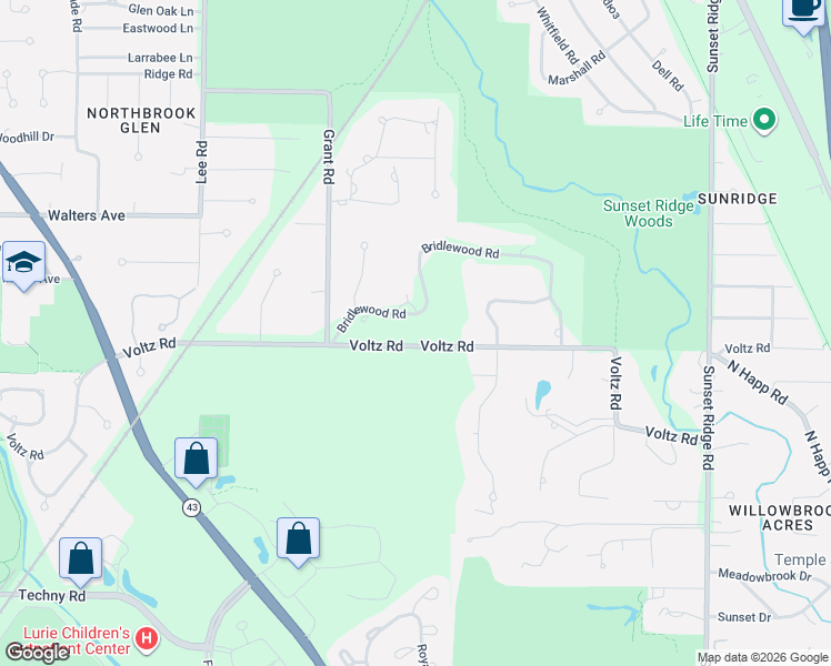 map of restaurants, bars, coffee shops, grocery stores, and more near 28 Bridlewood Road in Northbrook